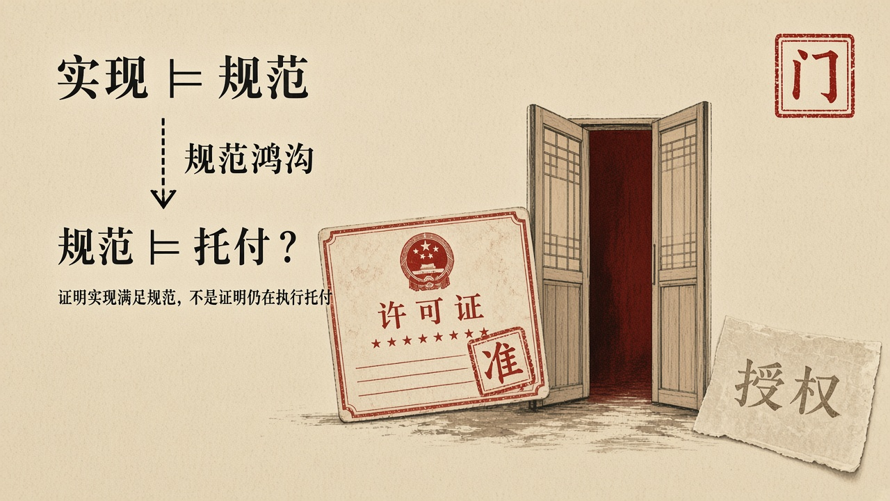 证明实现满足规范，不是证明仍在执行托付
