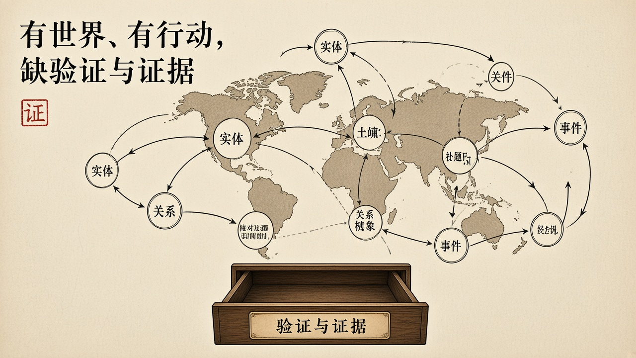 有世界、有行动,缺验证与证据